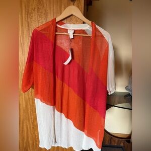 Chico's Red, Orange & White Open-Front Lightweight knit sweater